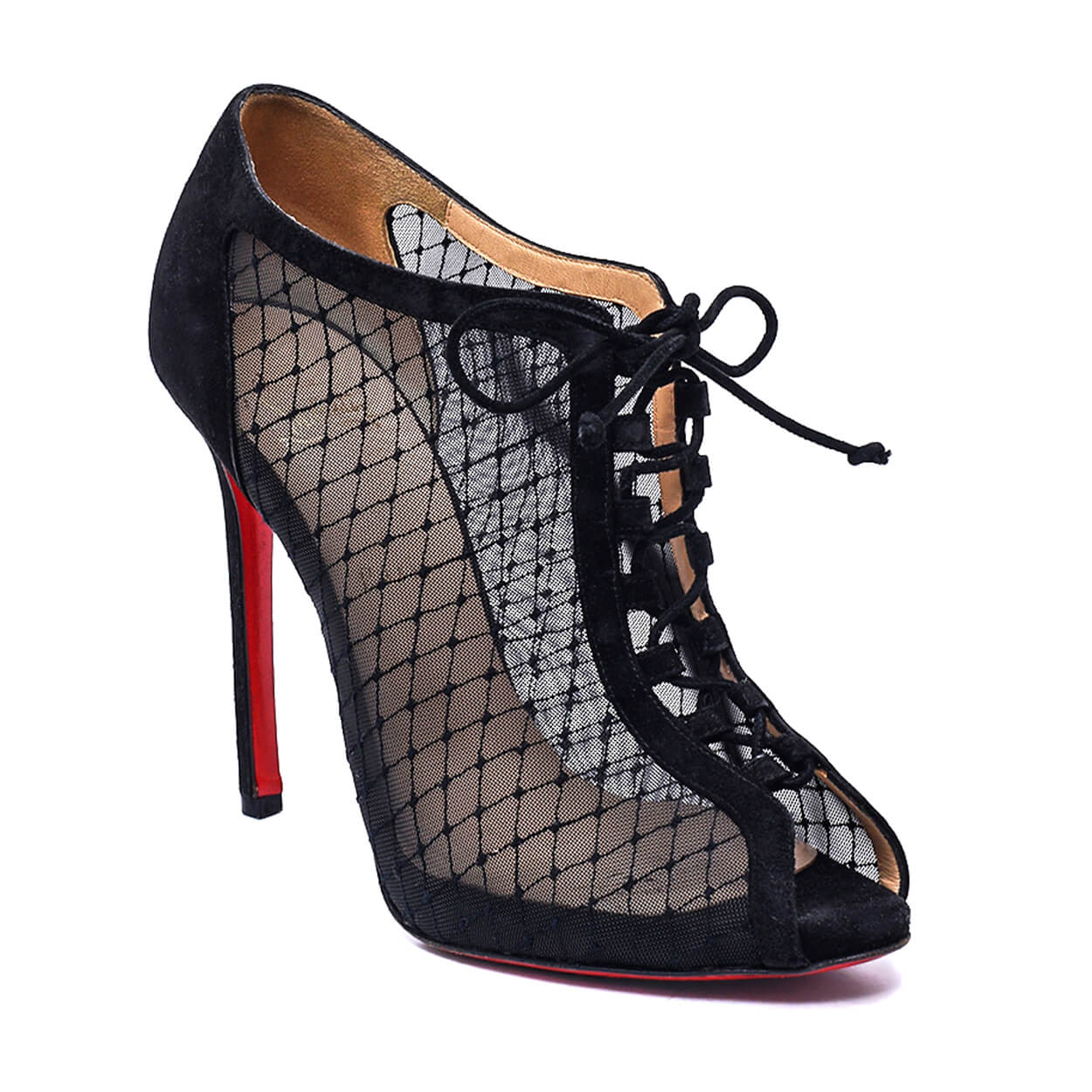 Christian Louboutin -Black Mesh and Suede Lace up Peep Toe Booties 40